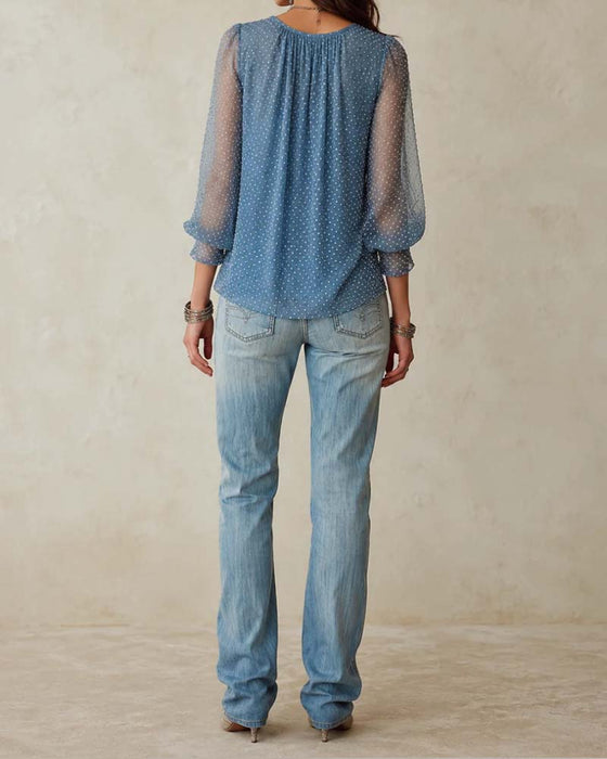 Blouse Col Mock Décontracté À Pois Mesh