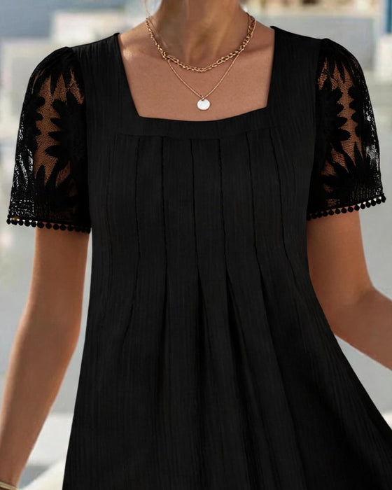 Robe Col Carré Unie Dentelle Patchwork Taille Haute