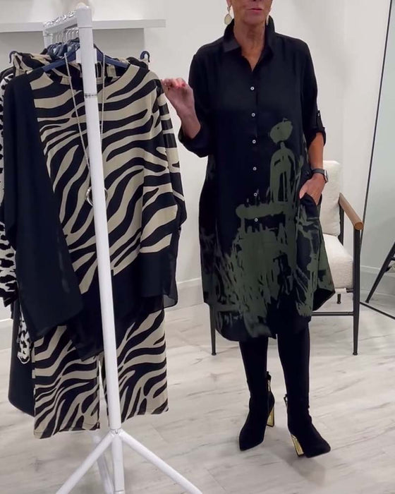 Robe décontractée à imprimé contrasté et boutons à revers