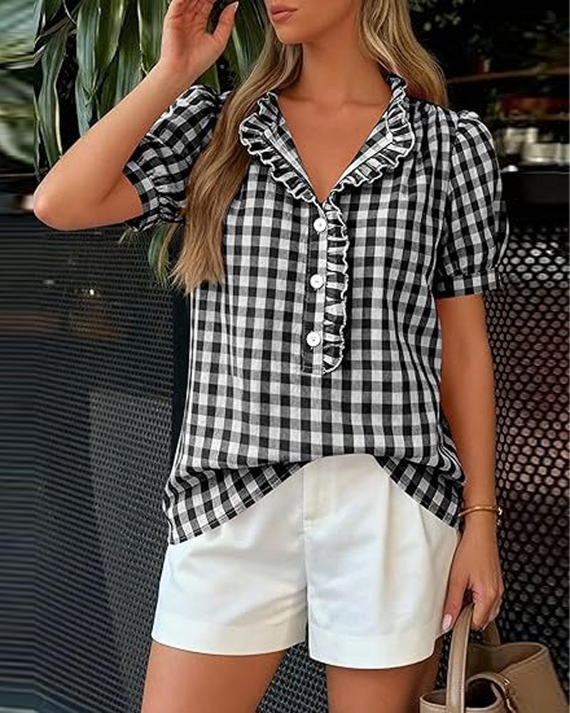 Blouse À Carreaux Bouffante Manches Courtes