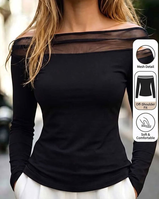 Blouse Bardot Mesh Slim Fit Manches Longues
