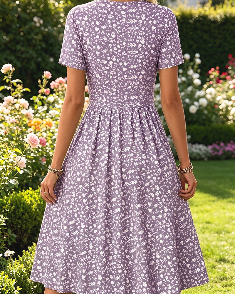 Robe Col En V Manches Courtes Petit Fleuri