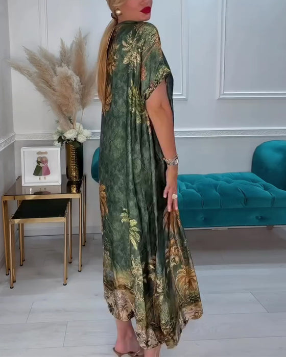 Robe Col En V Palmier Imprimé Manches Courtes Longue