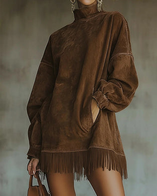 Robe Col Roulé Franges Poche