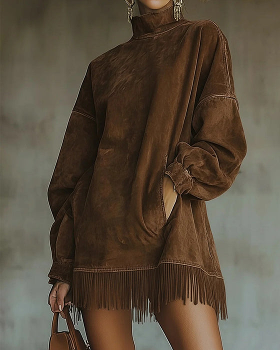 Robe Col Roulé Franges Poche