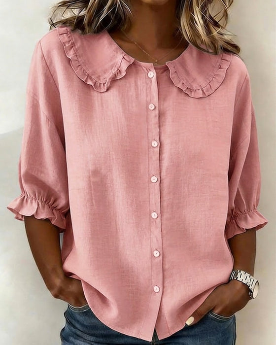 Chemise Col Peter Pan Coton-lin Volant Boutonnage Devant