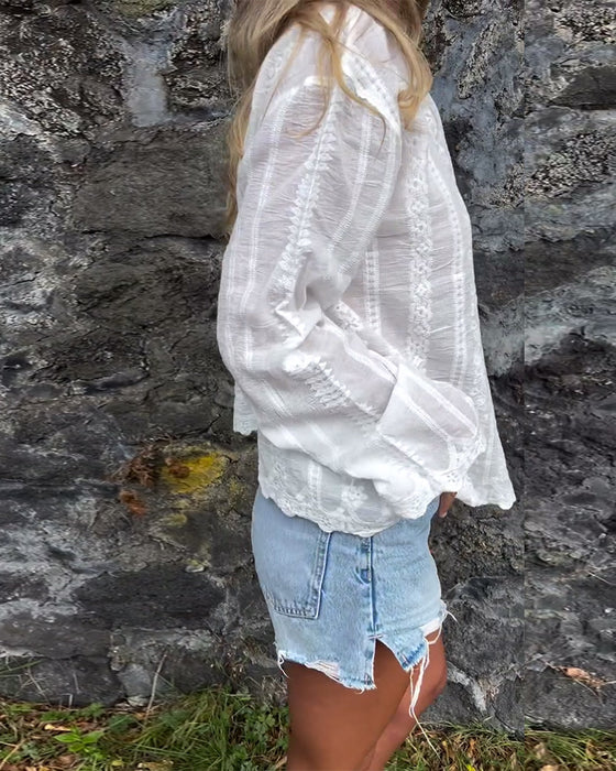 Chemise Brodée Creuse Col Polo Décontractée