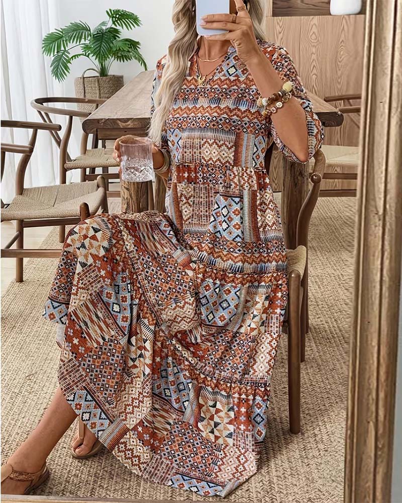 Robe Ethnique Imprimé Géométrique Longue
