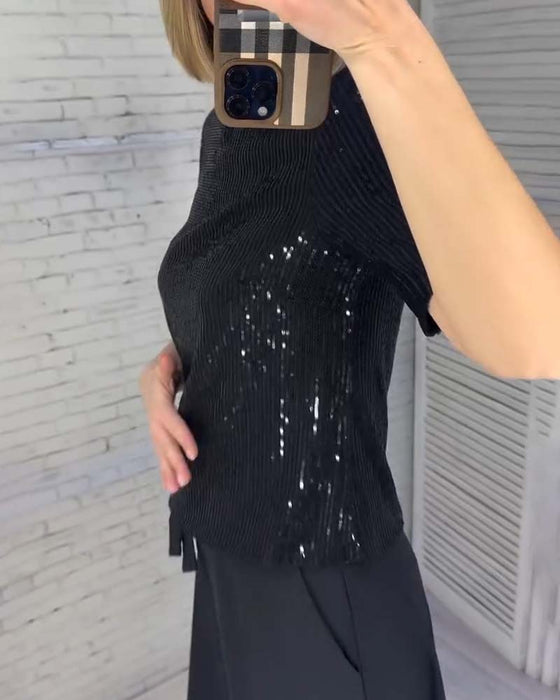 T-Shirt Amincissant À Sequins À Manches Courtes