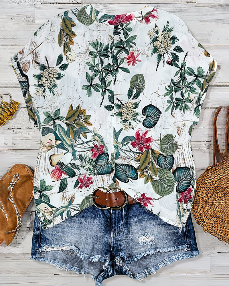 Blouse Col En V Imprimé Botanique Décontractée