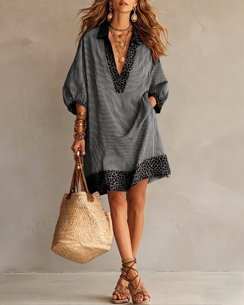 Robe Panneau Imprimé Léopard Manche Bouffante Chemise Rayée