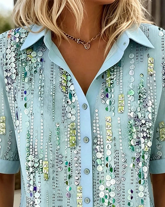 Chemise Paillette Rayure Verticale Manches Courtes