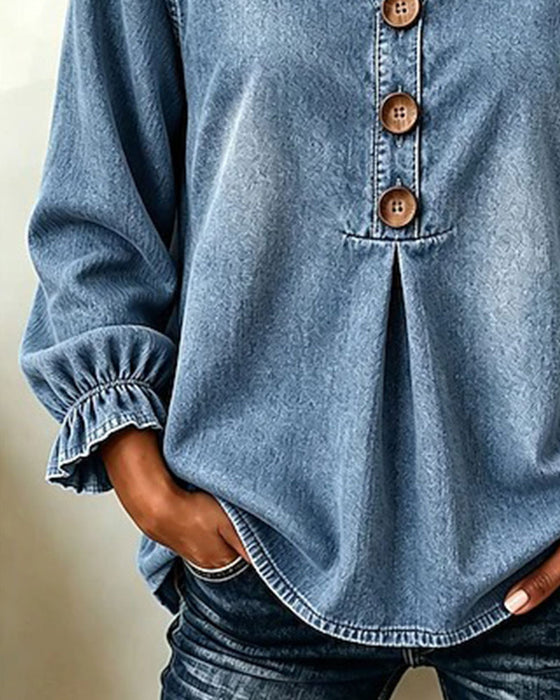 Top Denim Col En V Bouton Manche Volant