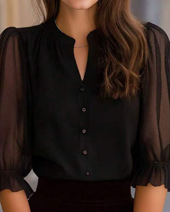 Blouse Col V Bouton Unie