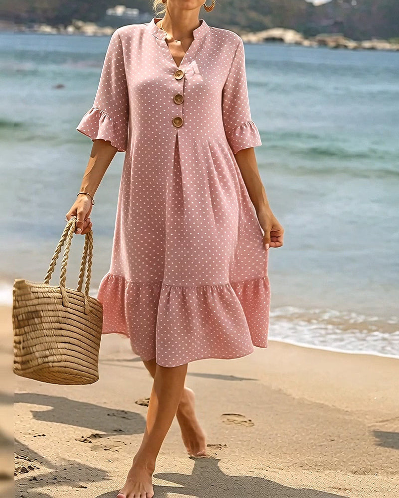 Robe Polka Dot Col V Volanté Manche