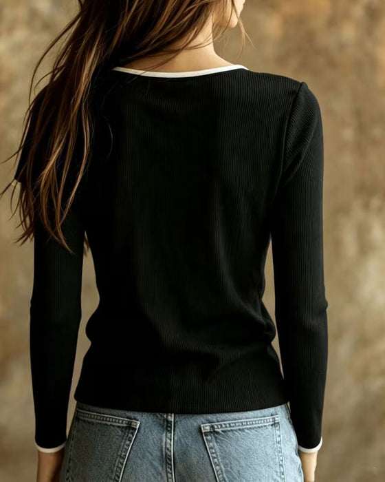 Top Tricot Col V Couleur Contrastante Manches Longues