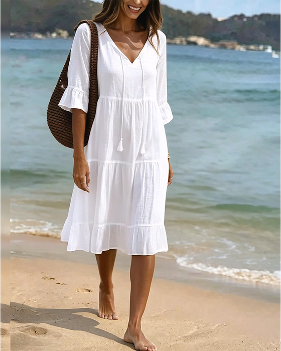 Robe Évasée Demi-Manche Nœud À La Taille