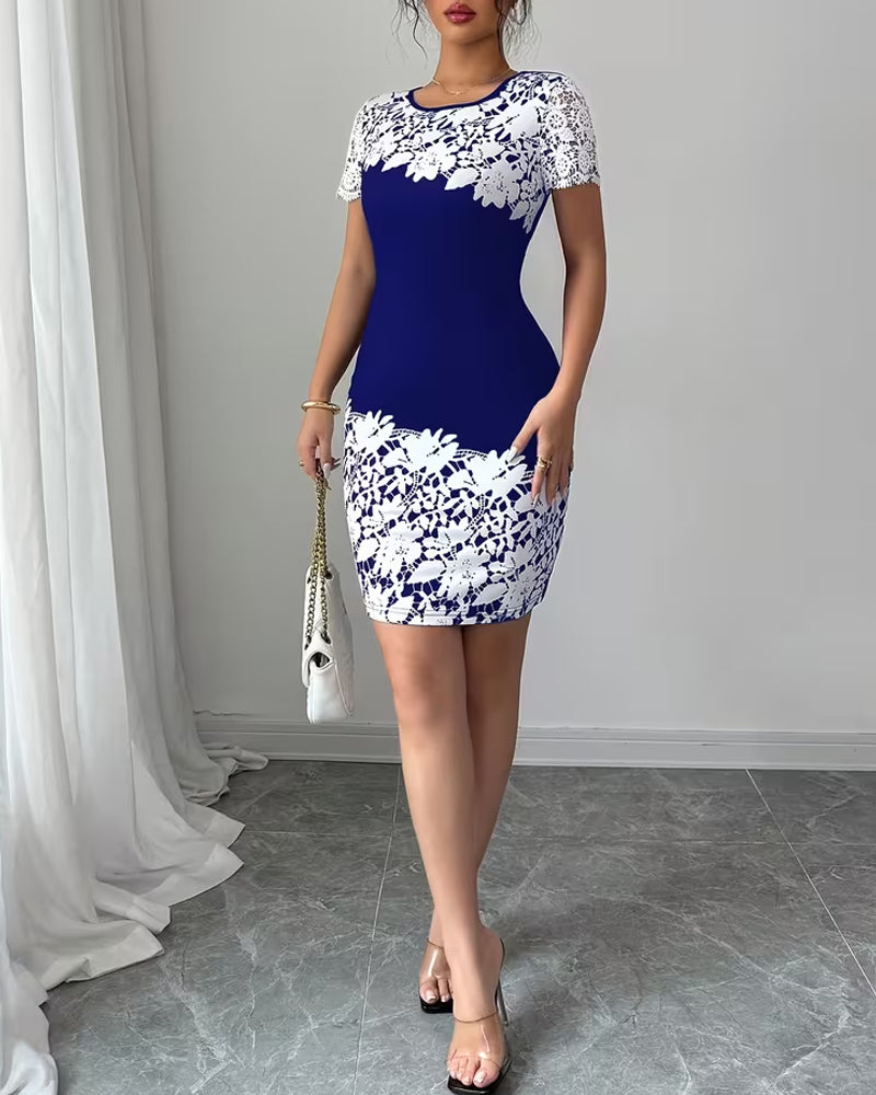 Robe en Dentelle Col Rond à Manches Courtes