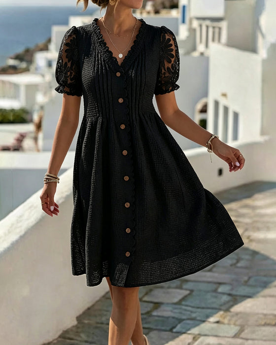 Robe Manches Ballon Tournesol Dentelle Patchwork