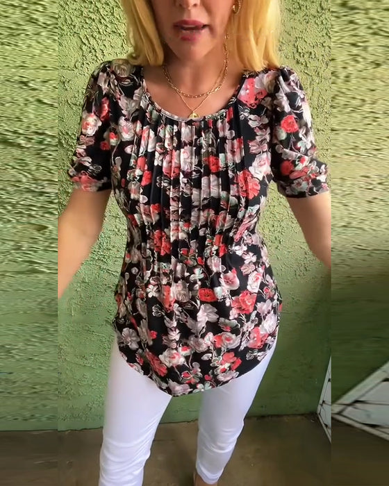 Chemisier Col rond Manche bouffante Plissé Fleuri