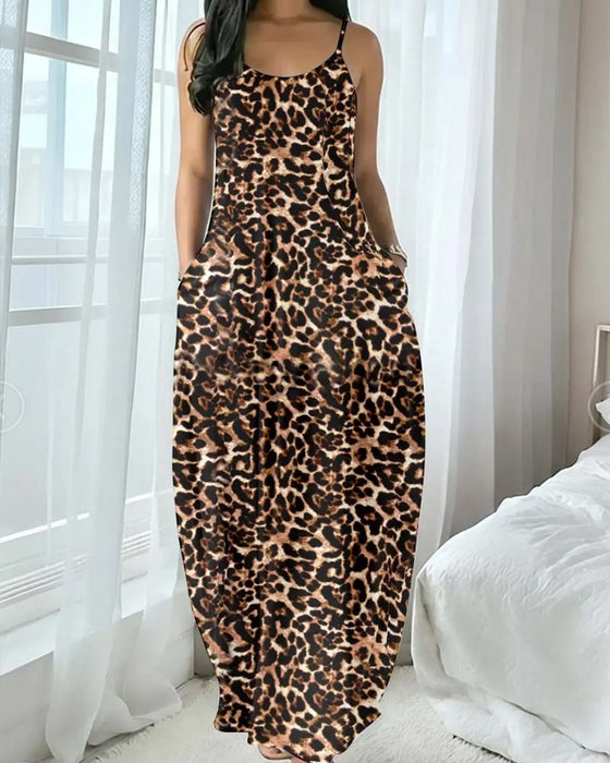 Robe Bretelle Spaghetti Léopard Imprimé Cintré Ligne A