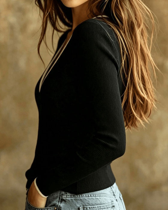 Top Tricot Col V Couleur Contrastante Manches Longues