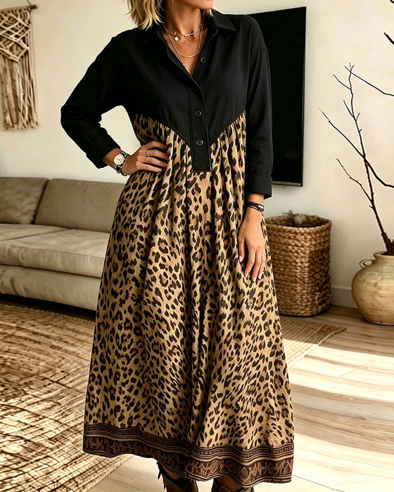 Robe Col Chemise Boutonnage Imprimé Léopard Poche