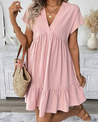 Robe Unie Col-V Volant-Garni