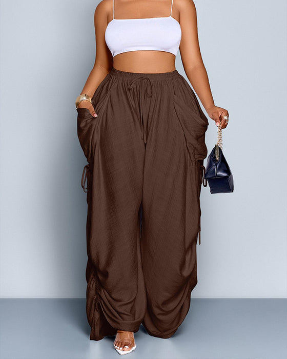 Pantalon Uni Plissé Taille Haute Large