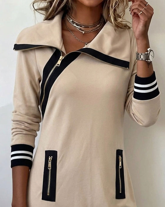 Robe Fermeture Éclair Oblique Col Droit