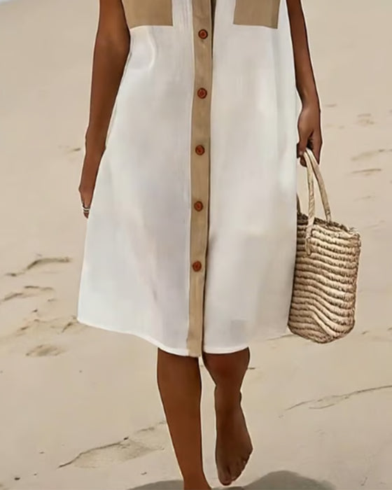 Robe Bloc De Couleur Sans Manches Chemise Midi