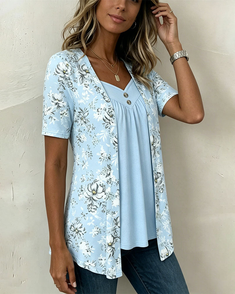 T-Shirt Imprimé Floral Fausse Deux Pièces