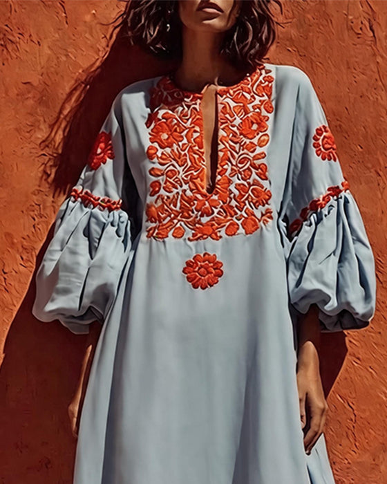 Robe Col V Fleuri Manche Lanterne