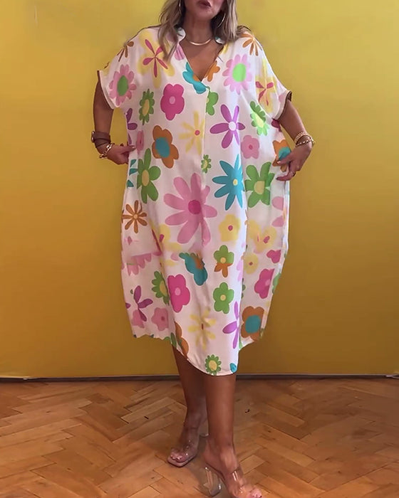 Robe ample col V imprimé fleuri