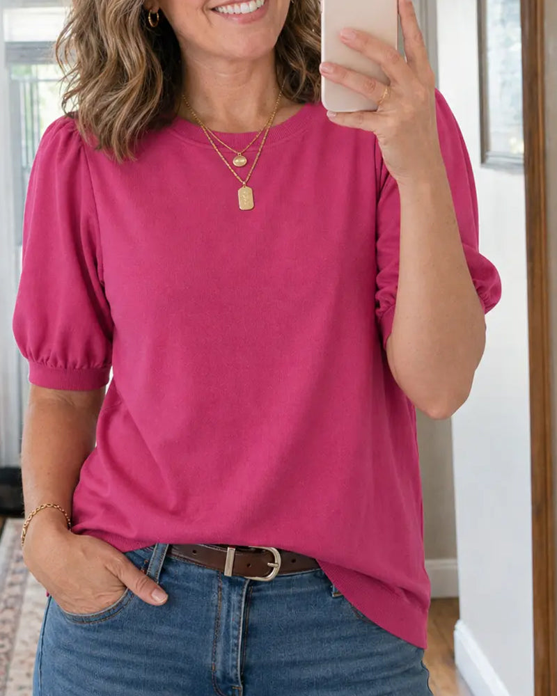 Pull-Over Manche Bouffante Tricoté Manches Courtes