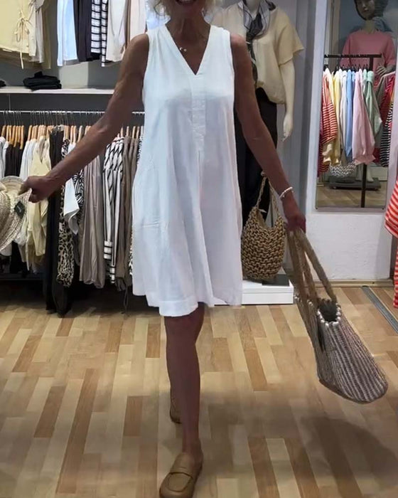 Robe Sans-Manches Col-V Décontractée A-Ligne