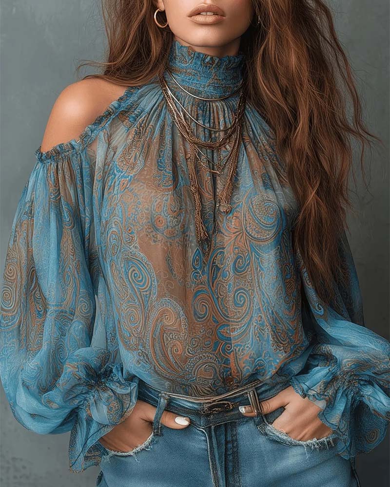 Blouse Imprimée Off-Épaule Col Mandarine