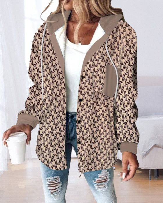 Manteau à capuche imprimé décontracté avec poche et lacets