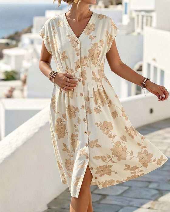 Robe Col En V Imprimé Taille Cintrée Boutonnage Devant