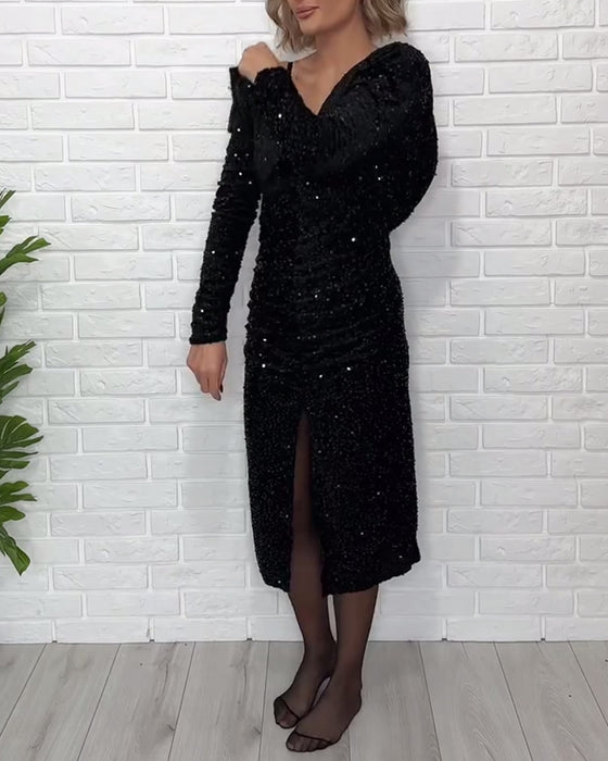 Robe Col V Paillettes Fente Soirée