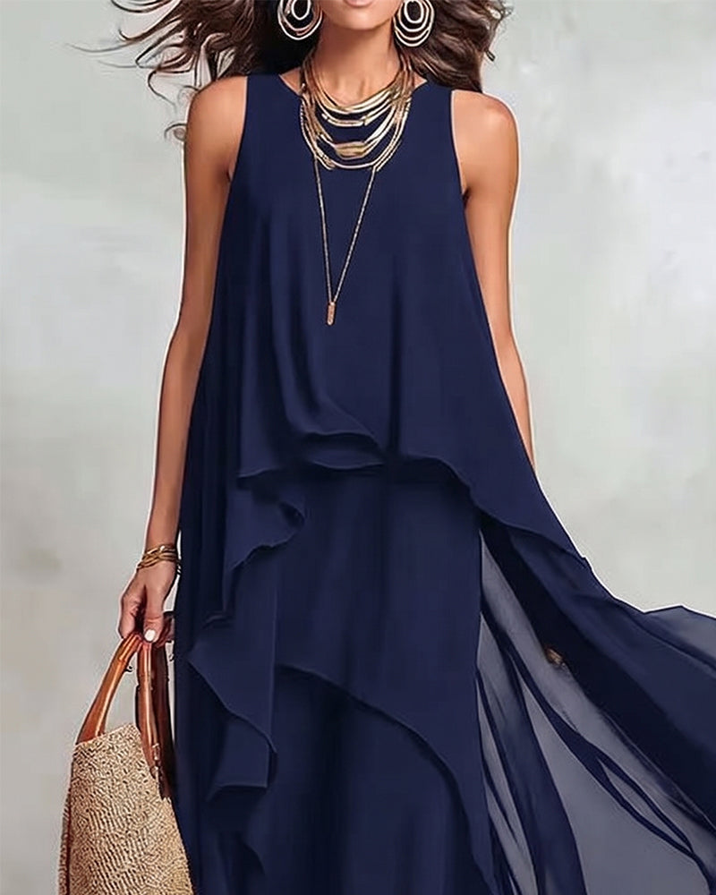 Robe Col Rond Sans Manches Irrégulière