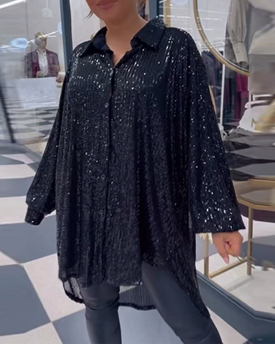 Chemise décontractée fendue à revers pailletés
