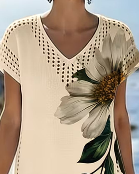 Robe Col V Découpé Floral Ajusté