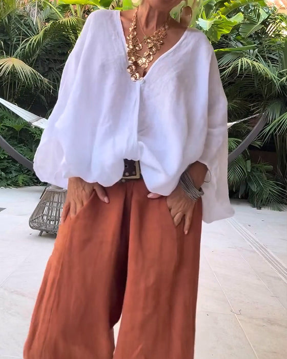 Blouse Col En V Asymétrique Unie Décontractée