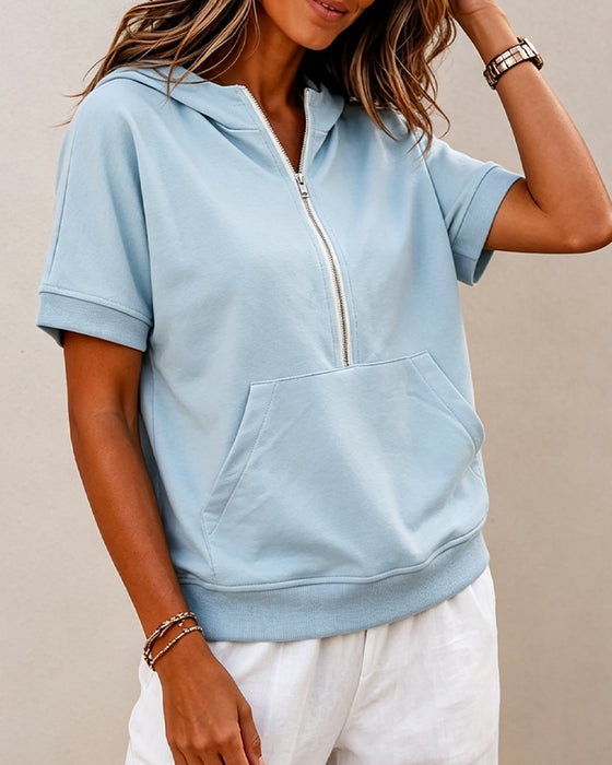 Blouse Fermeture Éclair Poche Manche Courte