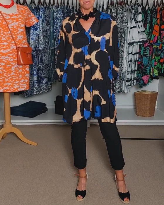 Chemisier décontracté à manches longues et col en V avec imprimé de couleurs contrastées