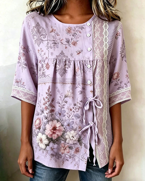 Blouse Imprimé Floral Rétro Décontractée