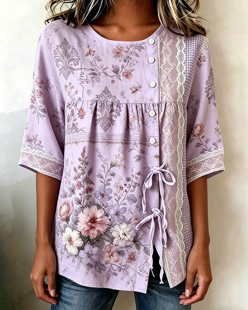 Blouse Imprimé Floral Rétro Décontractée