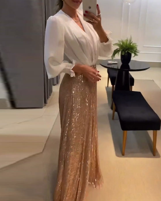 Chemisier élégant de couleur unie à col en V et manches lanternes