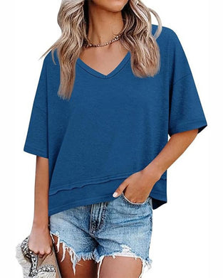 Blouse Unie Col En V Ourlet Patchwork